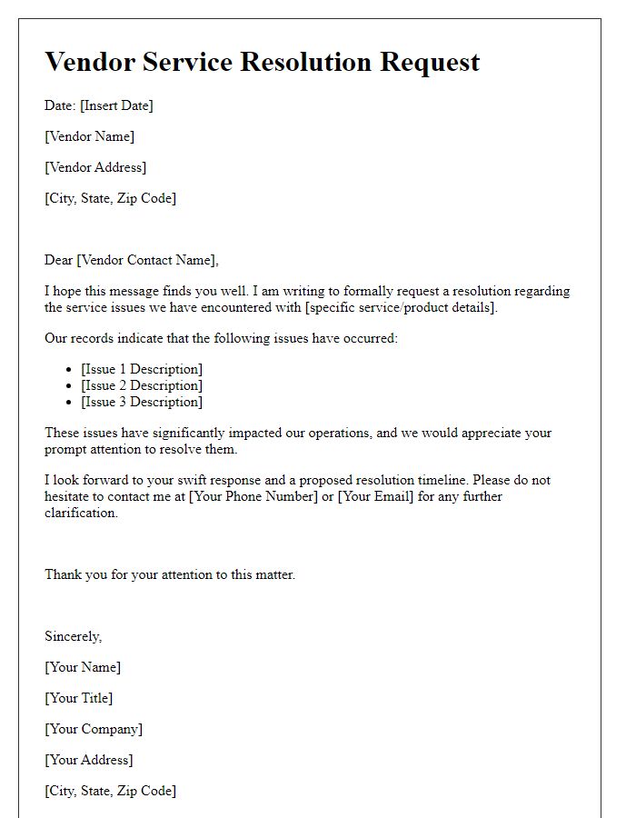 Letter template of vendor service resolution request.