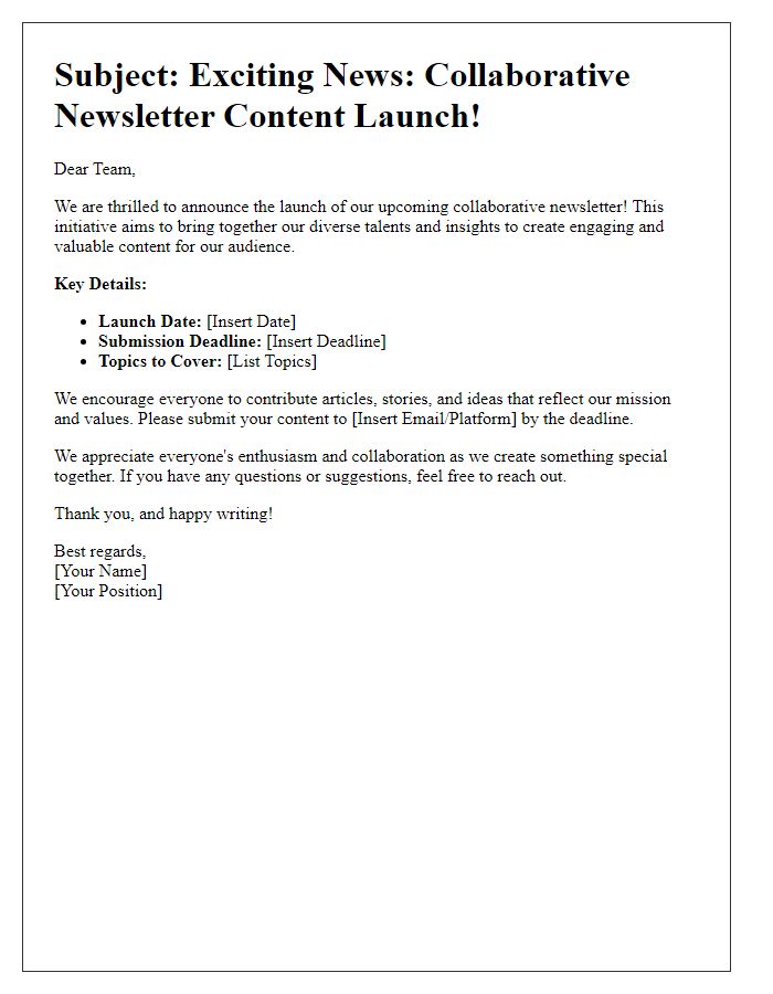 Letter template of collaborative newsletter content launch