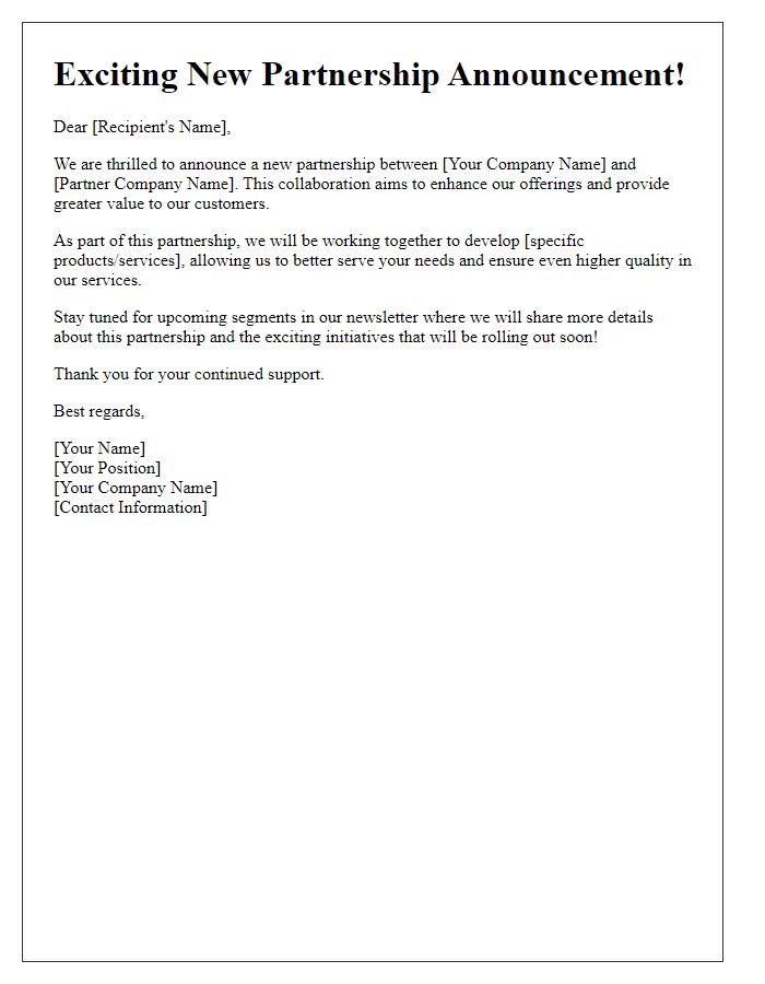 Letter template of new partnership for newsletter segments