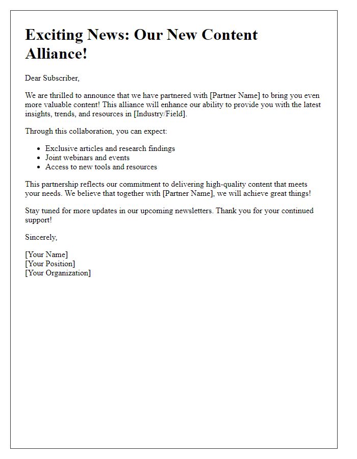 Letter template of newsletter content alliance announcement