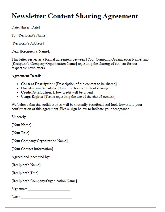 Letter template of newsletter content sharing agreement