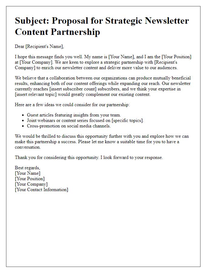 Letter template of strategic newsletter content partnership