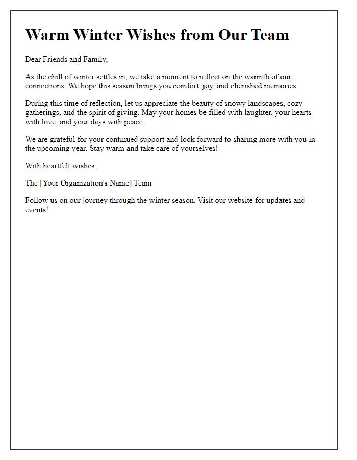 Letter template of heartfelt winter greetings for newsletters.