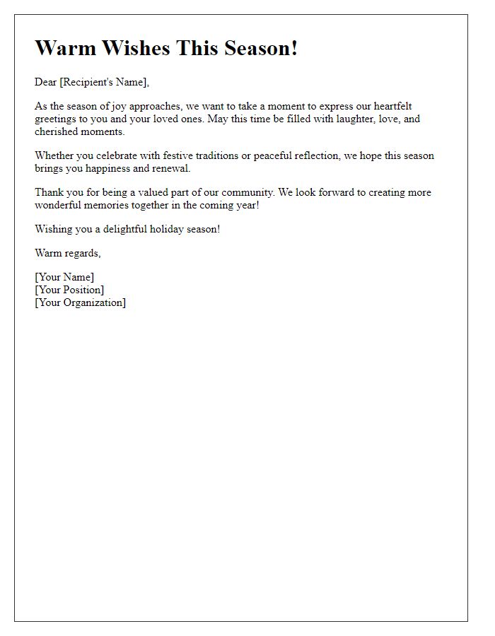 Letter template of joyful seasonal greetings for newsletters.