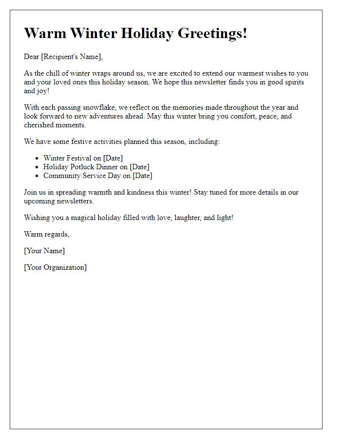 Letter template of warm winter holiday newsletter welcomes.