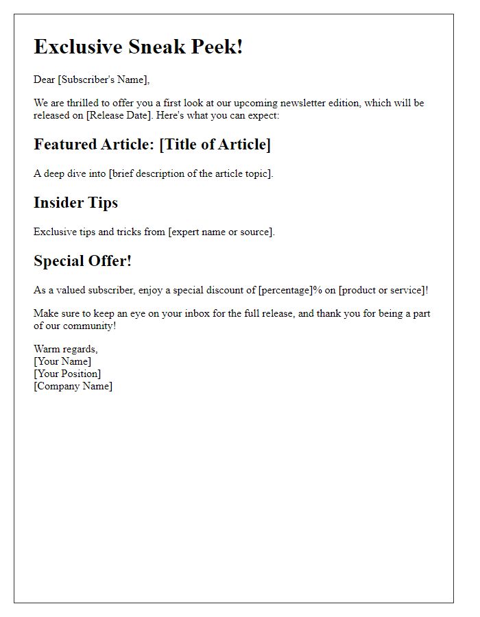 Letter template of an exclusive newsletter sneak peek.