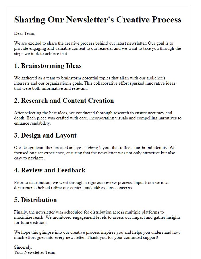 Letter template of sharing our newsletter's creative process.