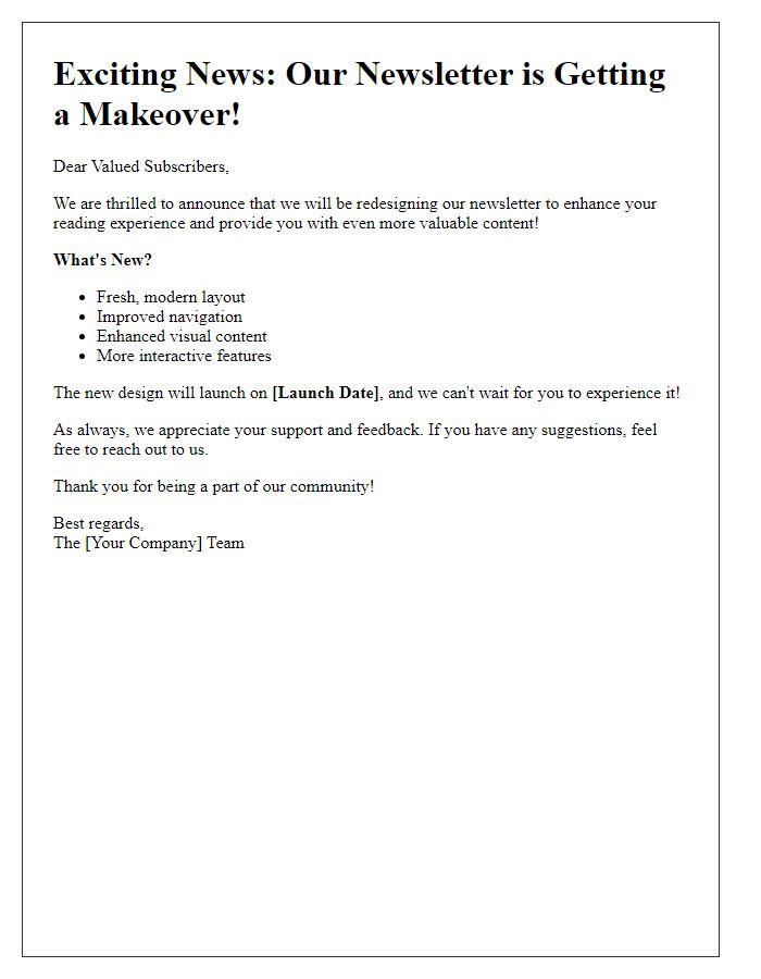 Letter template of newsletter redesign announcement for subscribers