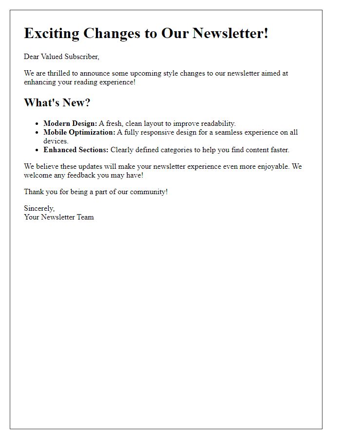 Letter template of newsletter style changes to enhance user experience