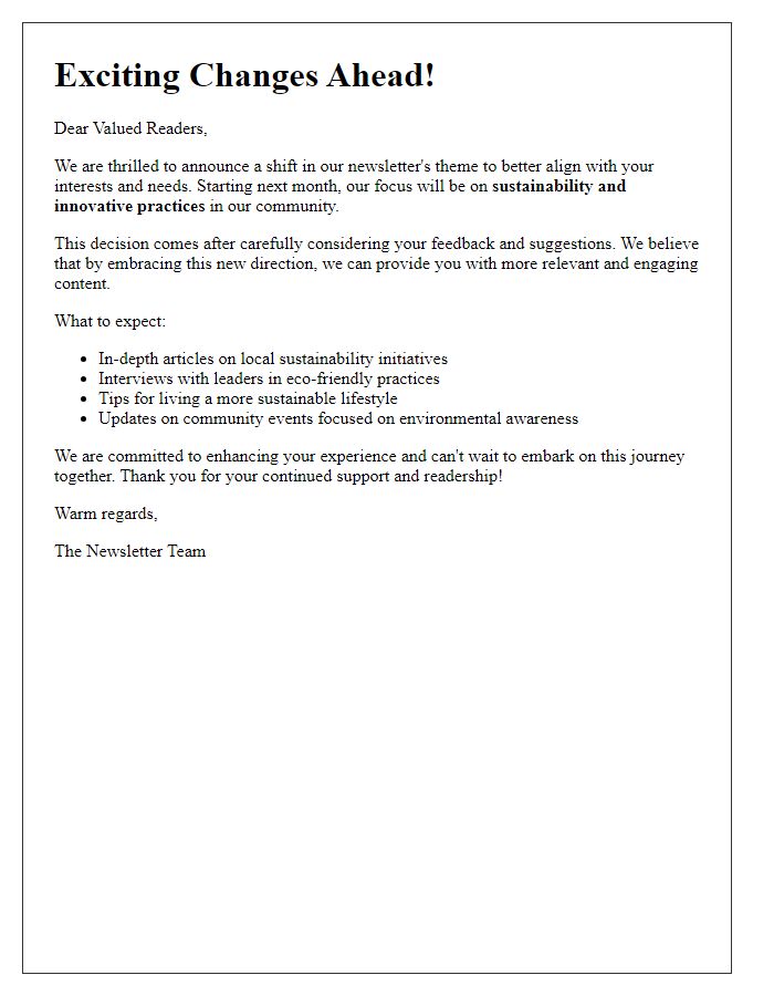 Letter template of newsletter thematic shift for audience alignment