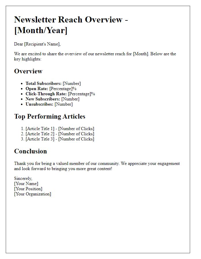 Letter template of newsletter reach overview