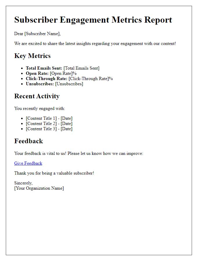 Letter template of subscriber engagement metrics