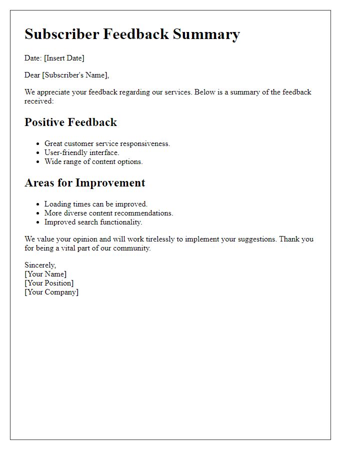 Letter template of subscriber feedback summary