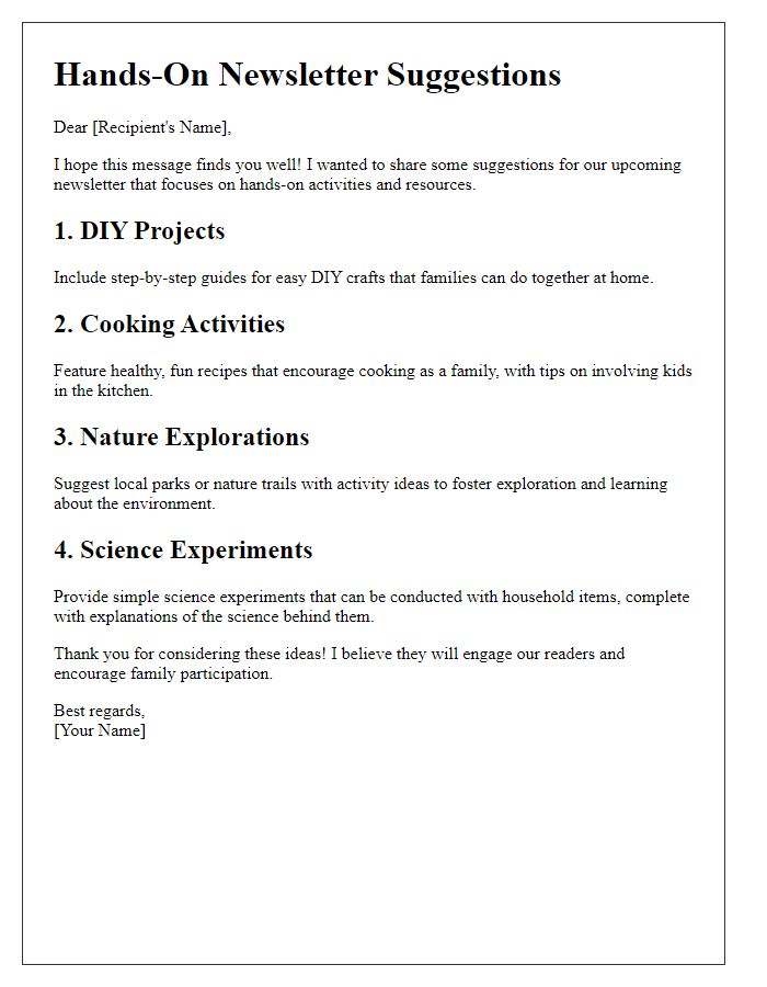 Letter template of hands-on newsletter suggestions