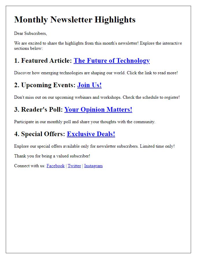 Letter template of interactive newsletter highlights