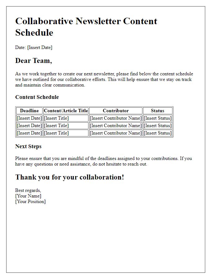 Letter template of collaborative newsletter content schedule