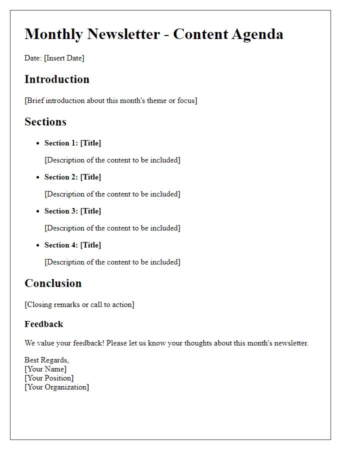 Letter template of monthly newsletter content agenda