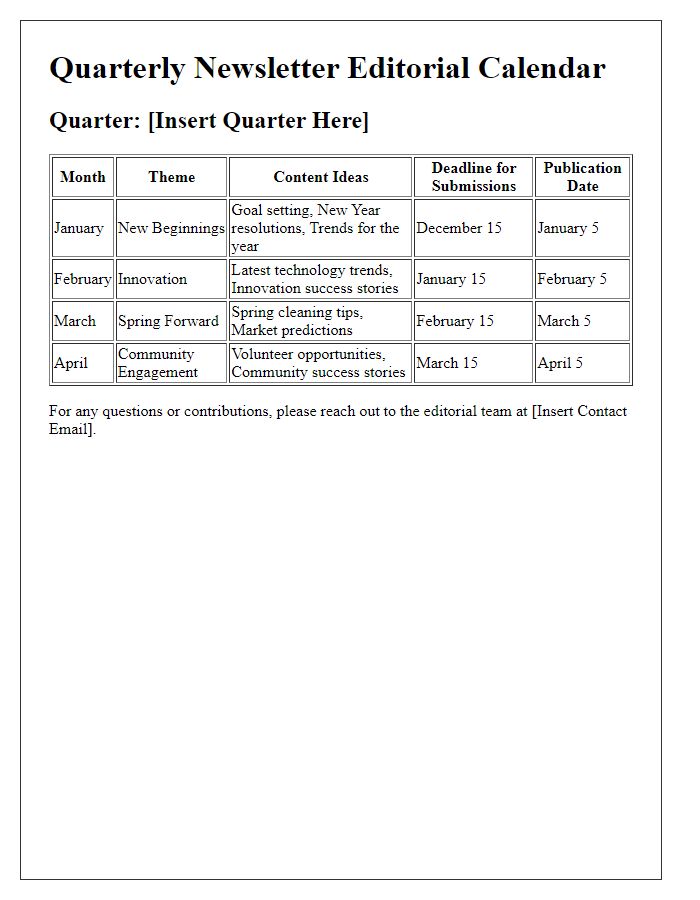 Letter template of quarterly newsletter editorial calendar