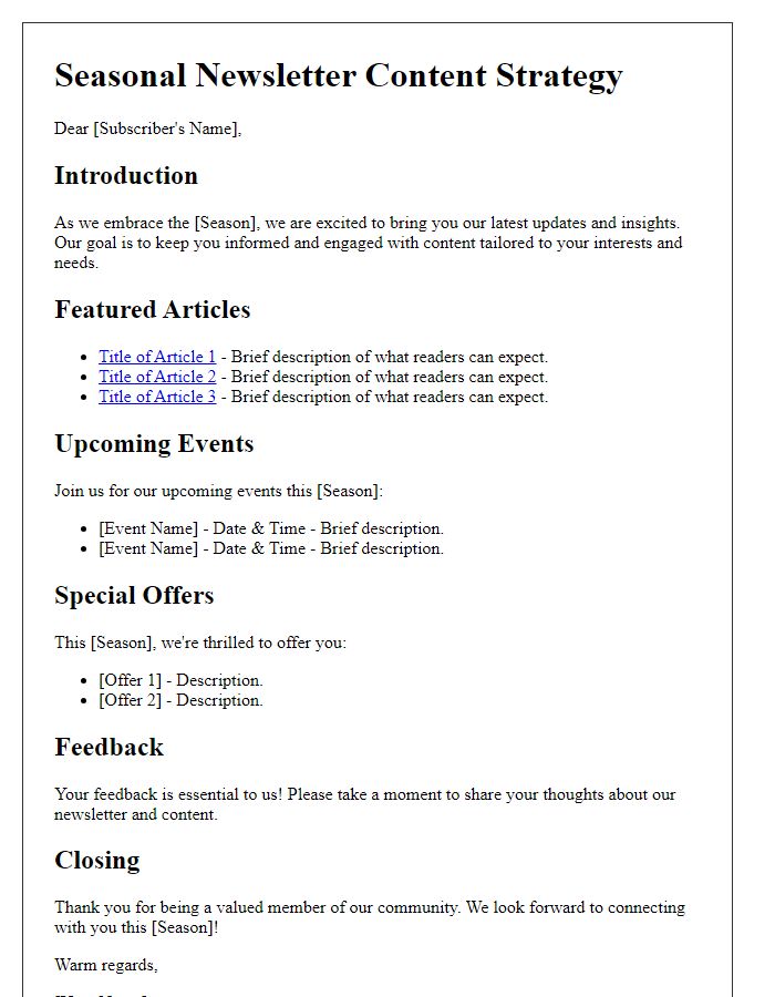 Letter template of seasonal newsletter content strategy