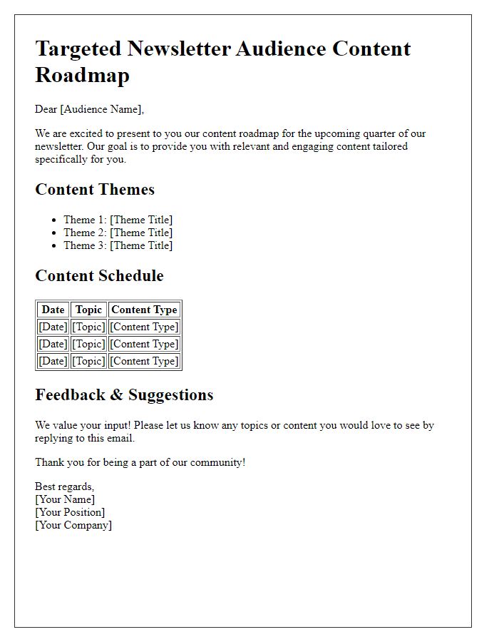 Letter template of targeted newsletter audience content roadmap