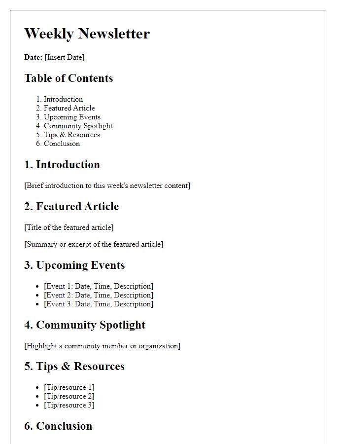 Letter template of weekly newsletter content outline