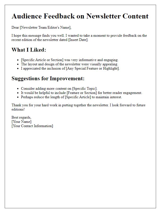 Letter template of audience feedback on newsletter content