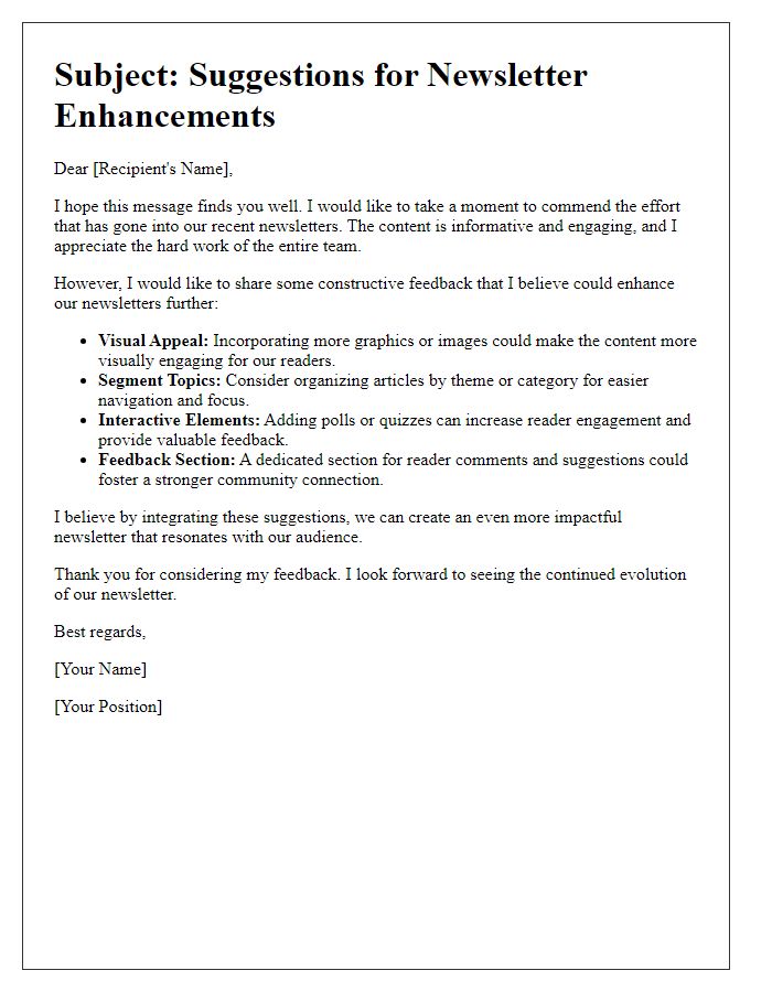 Letter template of constructive criticism for newsletter enhancements