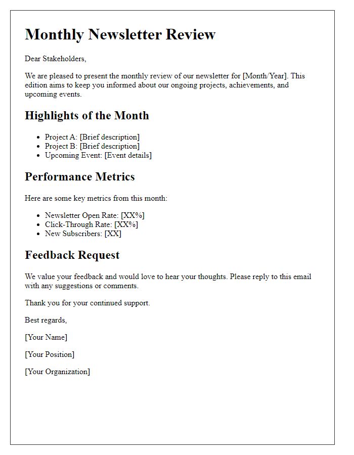 Letter template of monthly newsletter review for stakeholders