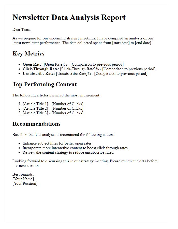 Letter template of newsletter data analysis for strategy meetings