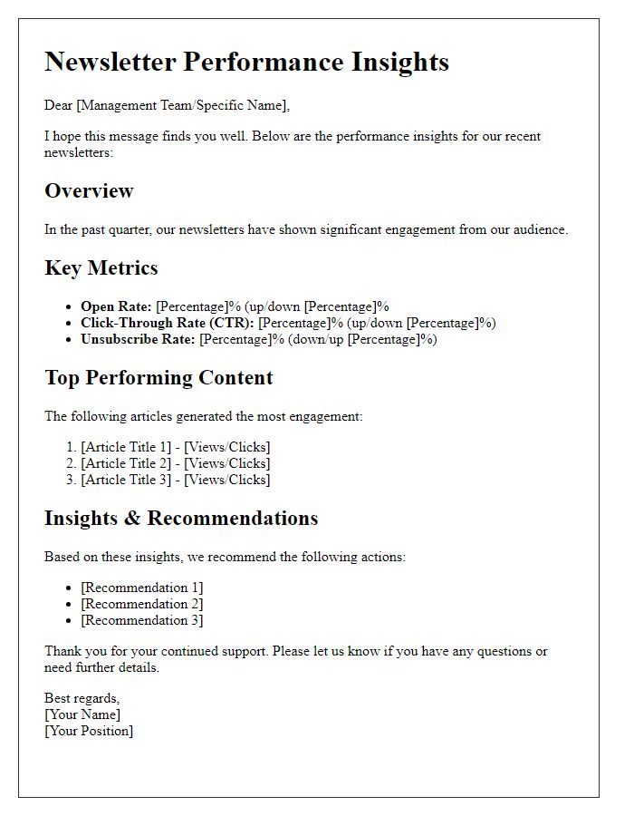 Letter template of newsletter performance insights for management