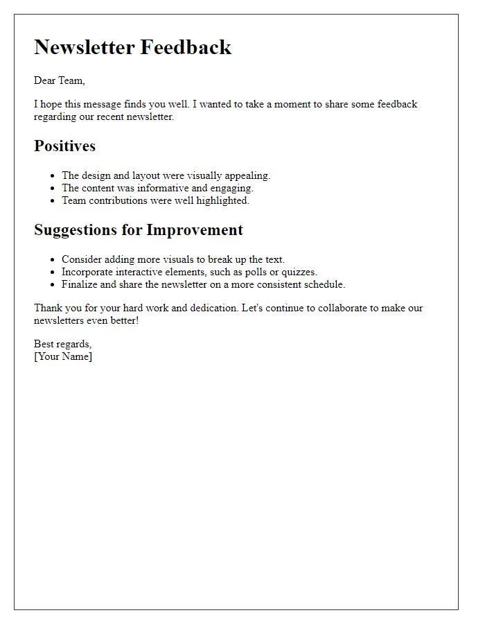 Letter template of top newsletter feedback for team collaboration