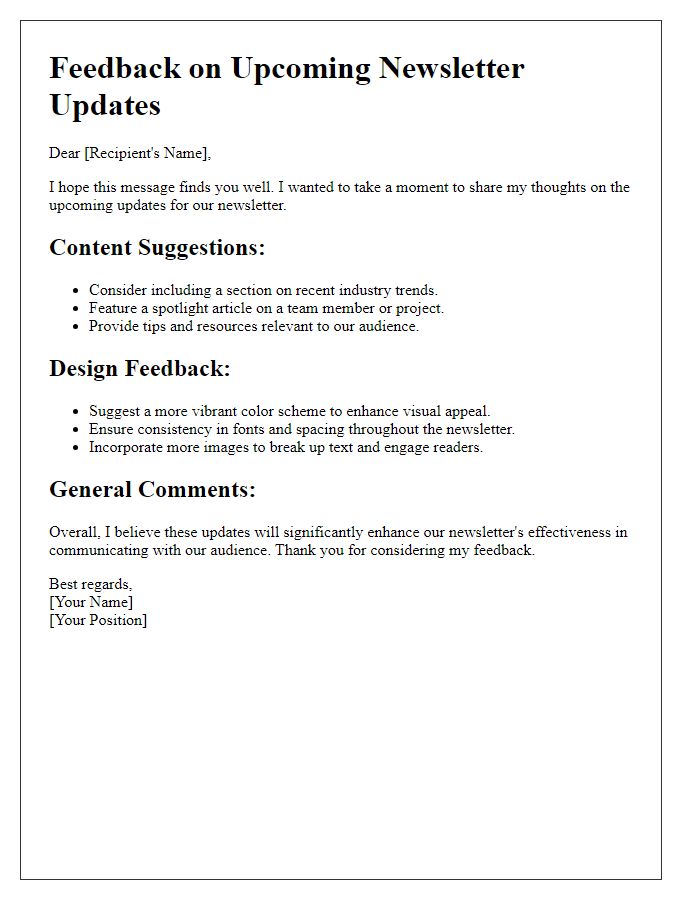 Letter template of feedback for upcoming newsletter updates