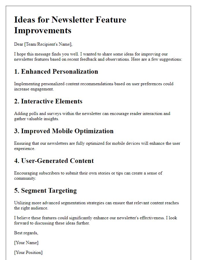 Letter template of ideas for newsletter feature improvements