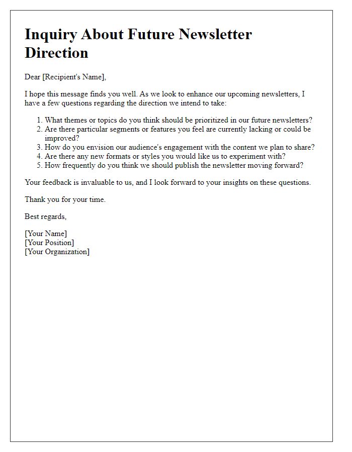 Letter template of questions regarding future newsletter direction