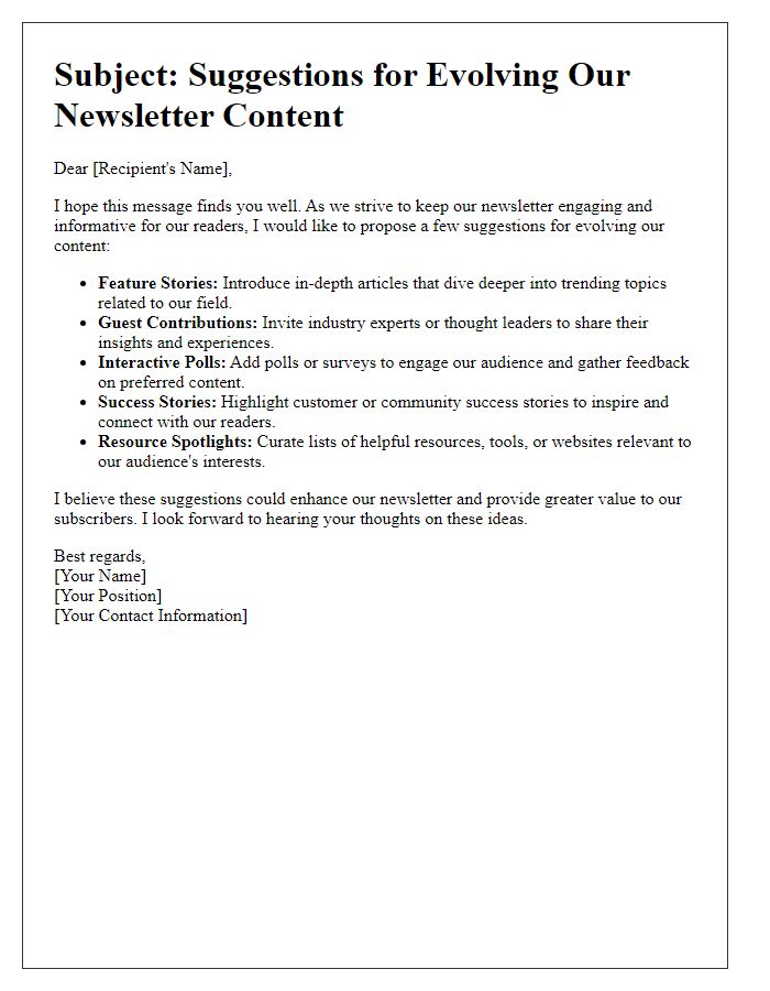 Letter template of suggestions for evolving newsletter content