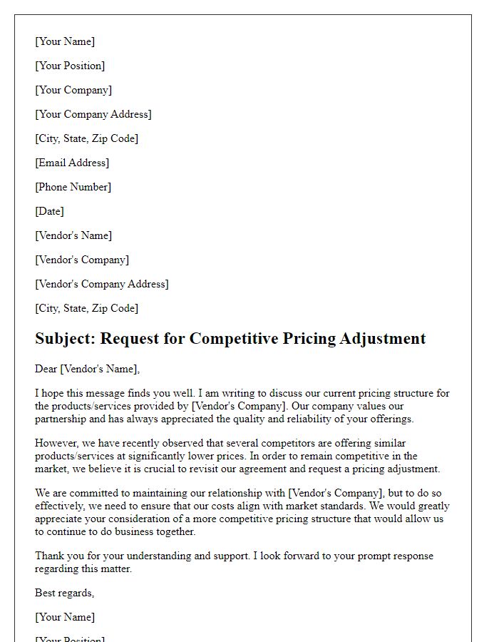 Letter template of appeal for competitive pricing adjustment from vendor