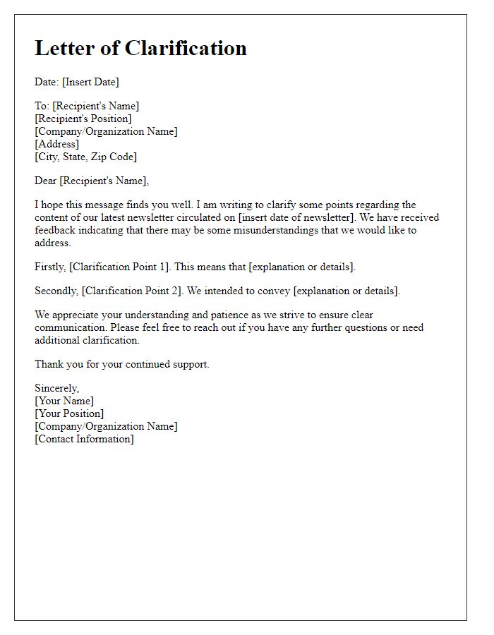 Letter template of clarification regarding newsletter content