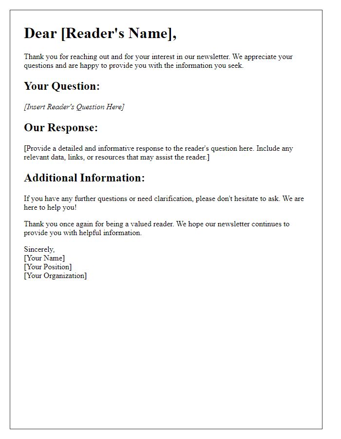 Letter template of informative response to newsletter reader questions