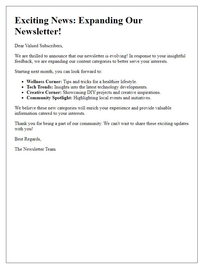 Letter template of expanding our newsletter with new content categories.