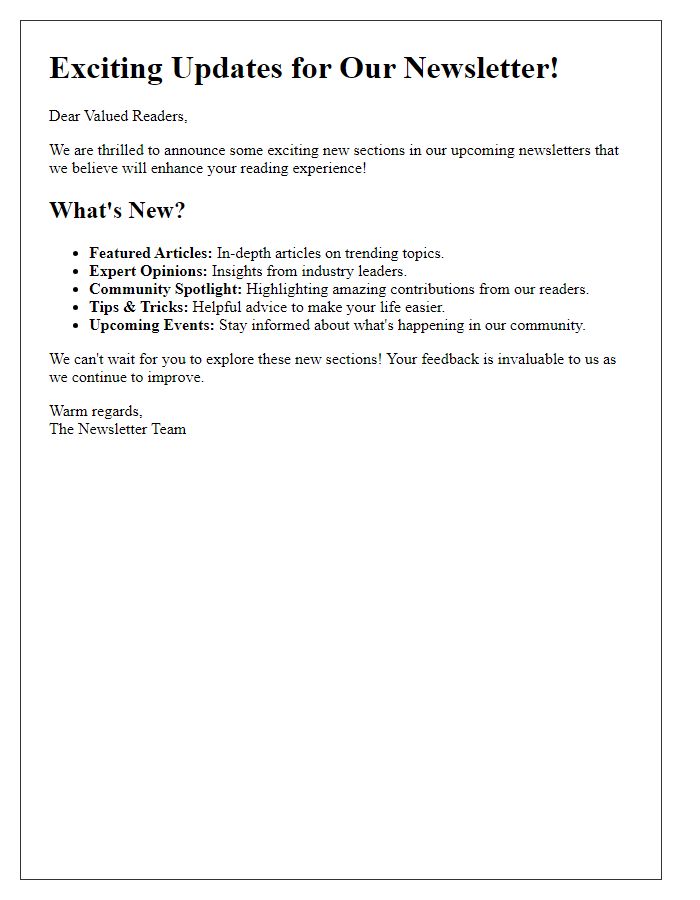 Letter template of unveiling exciting new newsletter sections.