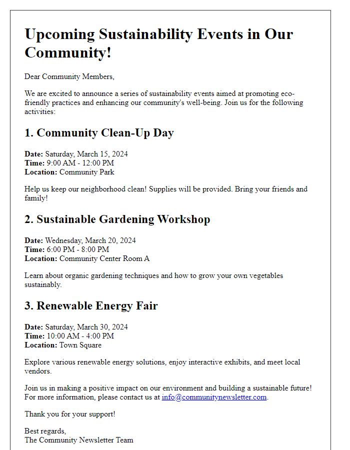 Letter template of announcing sustainability events in community newsletters