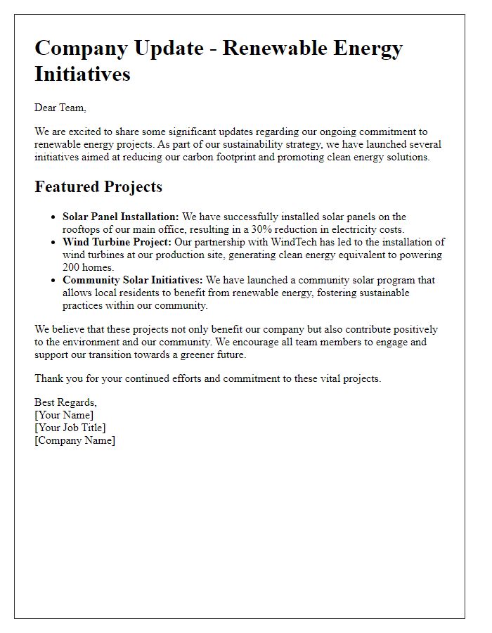 Letter template of featuring renewable energy projects in company updates