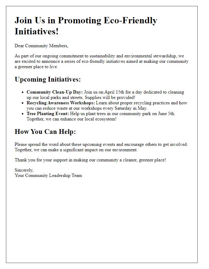 Letter template of promoting eco-friendly initiatives in community newsletters