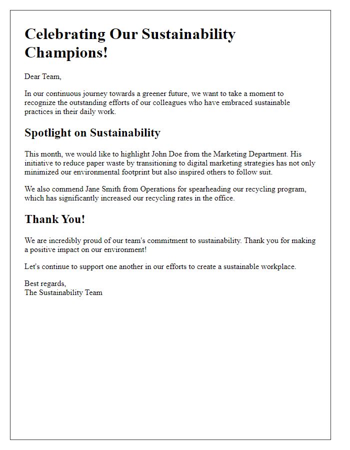 Letter template of recognizing sustainability efforts in employee newsletters