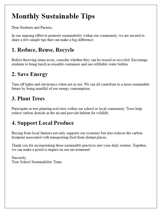 Letter template of sharing sustainable tips in educational newsletters