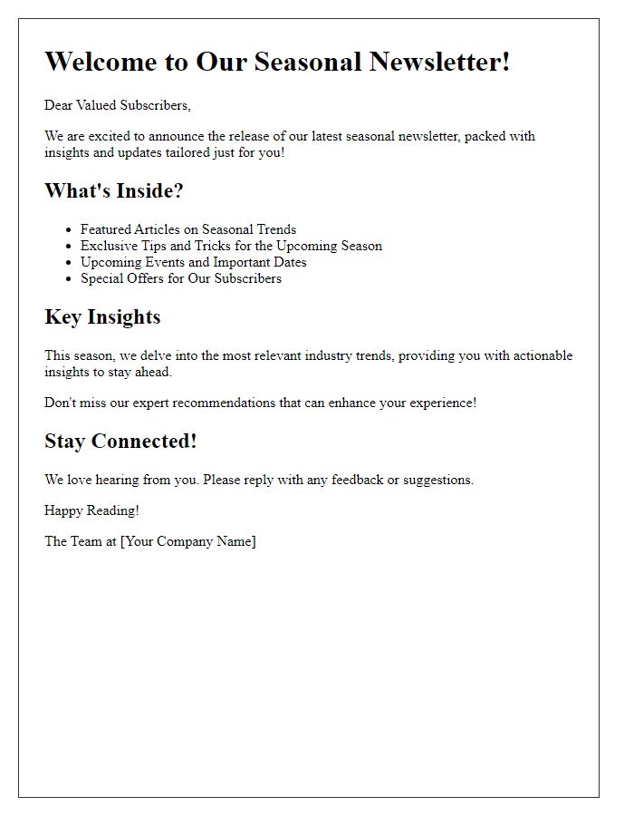 Letter template of seasonal newsletter announcement and insights.