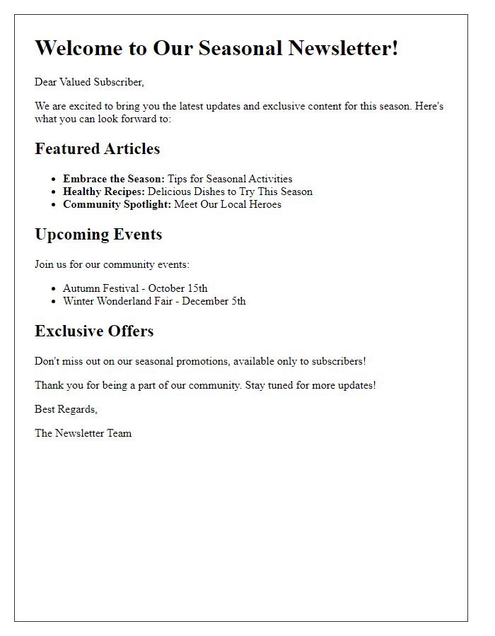 Letter template of seasonal newsletter content preview.