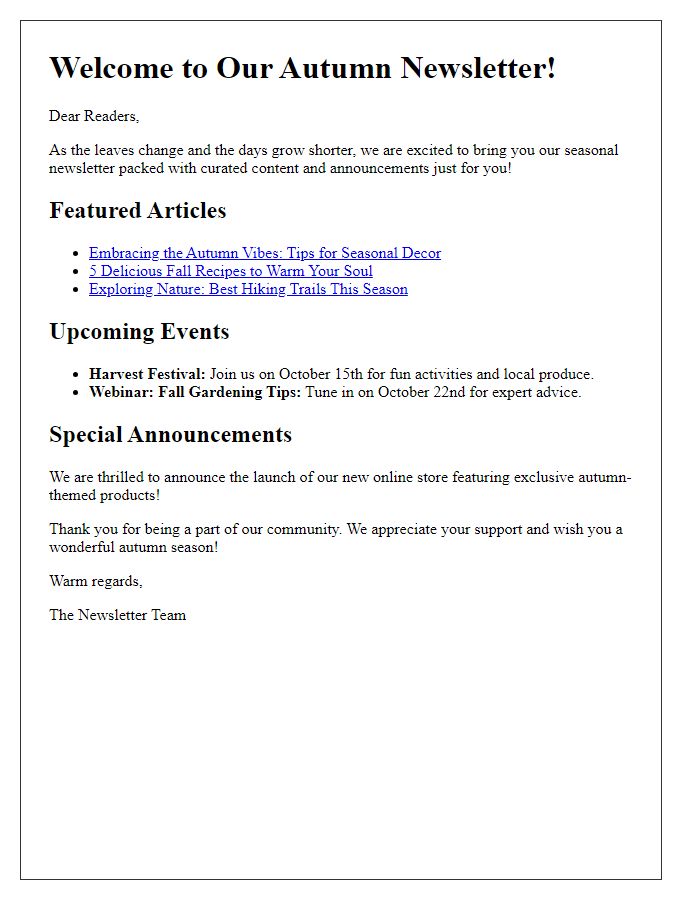 Letter template of seasonal newsletter curated content and announcements.