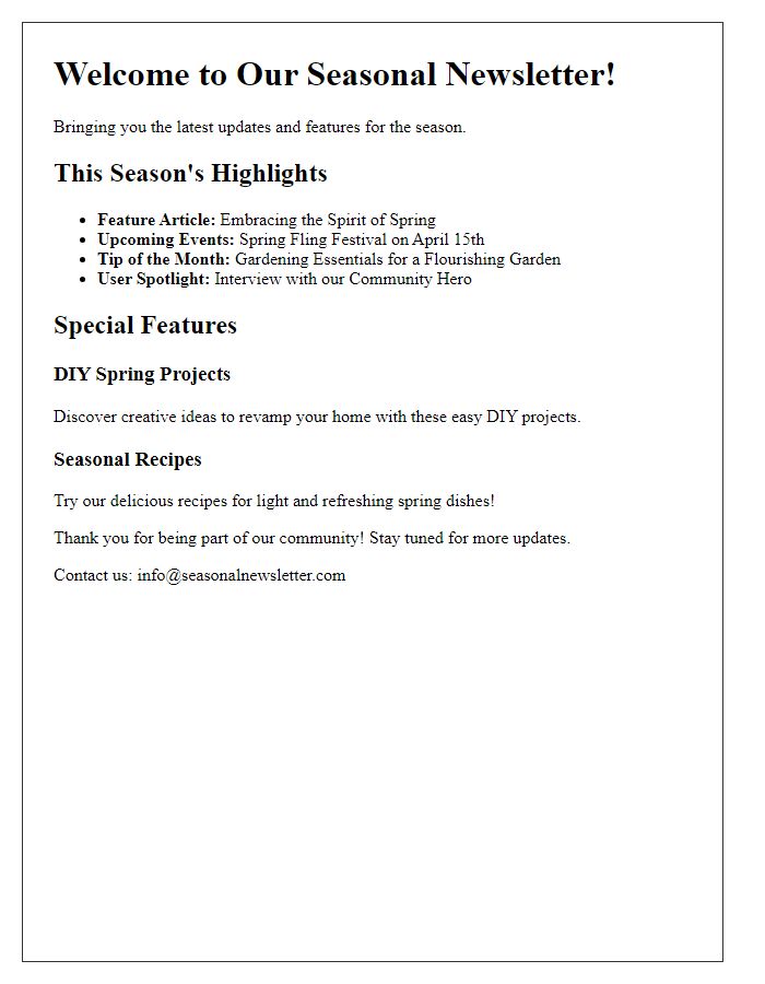 Letter template of seasonal newsletter focus topics and features.