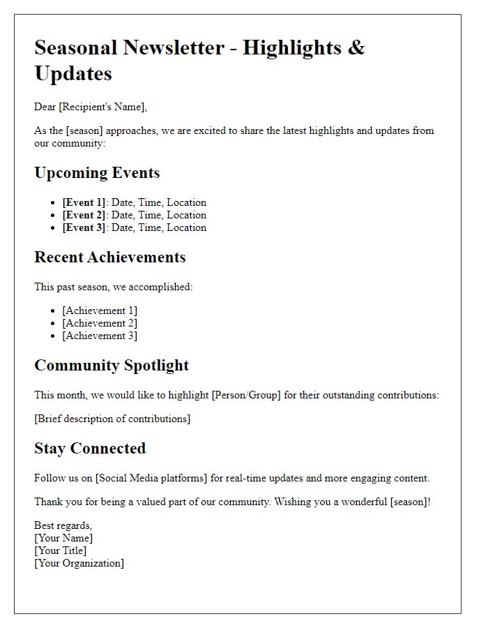 Letter template of seasonal newsletter highlights and updates.